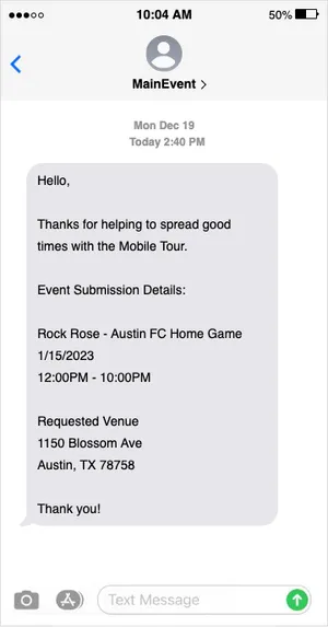 Screenshot showing automated mobile tour request text message from MainEvent.