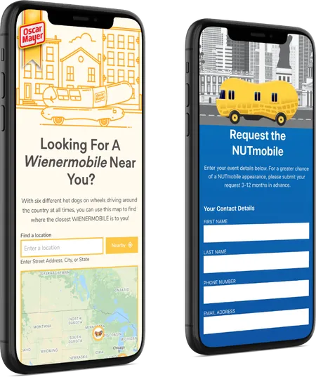 2 iPhones showing wienermobile and NUTmobile event request websites.