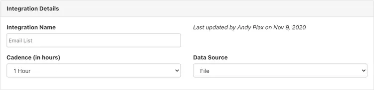 Screenshot showing Integration Details including name, cadence, and data source.