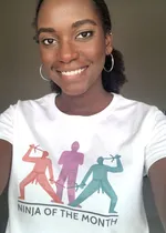 Picture of Nani Rogers wearing her Ninja of the Month t-shirt.