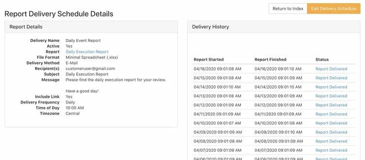 Screenshot of the report delivery results in a long table.